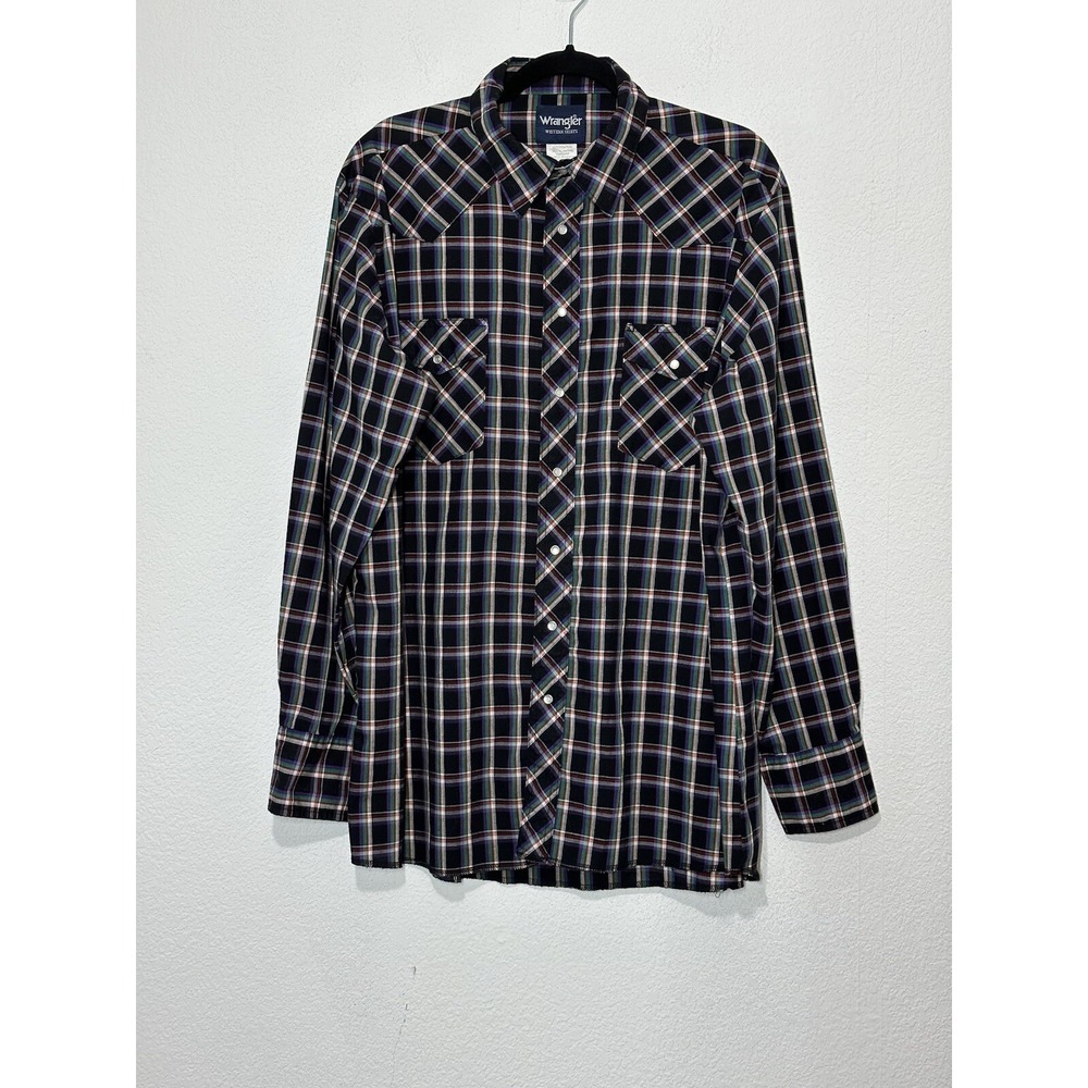 Wrangler Western Shirt Mens XLT Long‎ Sleeve Pearl Snap Shirt Purple Plaid
